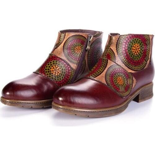 Retro Genuine Leather Embossed Pattern Splicing Folkways Craft Cloth Women Ankle Boots ZIP 3CM Thick High heel Women Shoes 2020