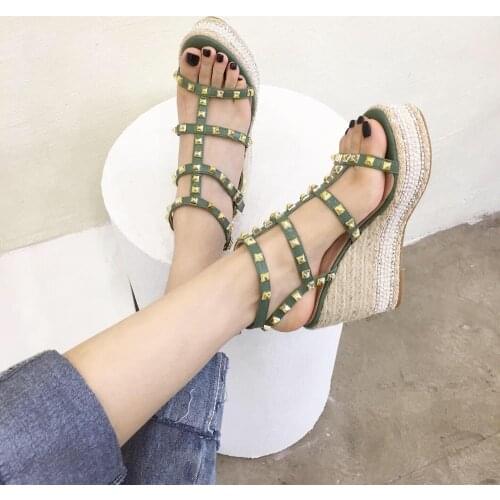 Studded Sandals Clogs Wedge 2020 Womens High Heels Suit Female Beige Summer Shoes Espadrilles Platform On Sale Comfort Block