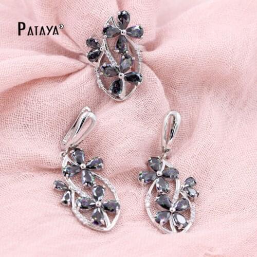 PATAYA Women True White Gold Jewelry Set Colorful Flower Natural Zirconia Ring Earrings Wedding Accessories Cristal Fine Jewelry