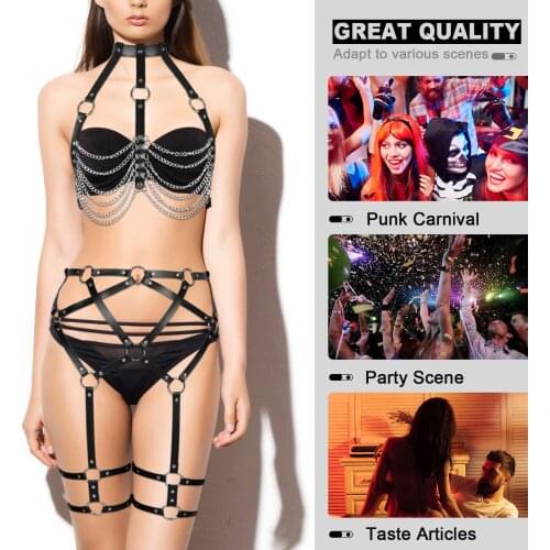 Gothic Choker Leather Body Harness Metal Chain Bra Waist To Leg Bondage Suspender Witch Punk Dancing Girl Jewelry Accessories