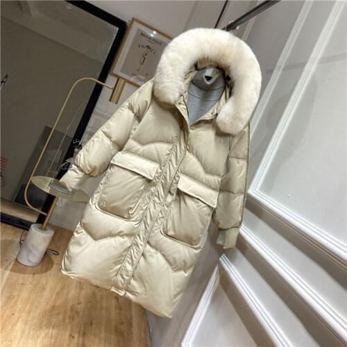 2021 Women Winter New Real Fox Fur Hooded Down Coats Female Loose Big Pocket Outwear Ladies Long White Duck Down Jackets Q448