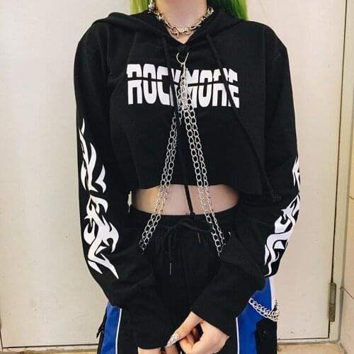 Punk Style Women Sweater 2021 Gothic Fashion Letter Print Metal Chain Long Sleeve Pullovers Hoodies Sexy Ladies Short Sweater