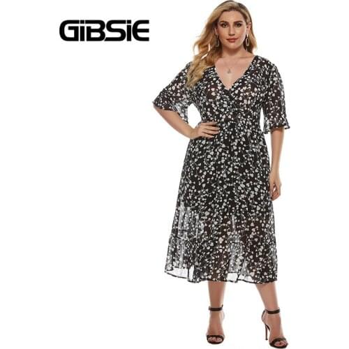 GIBSIE Plus Size Elegant Heart Print Chiffon Long Dress Women Summer V Neck Short Sleeve Boho Beach Ruffle Hem Dresses 2021 New