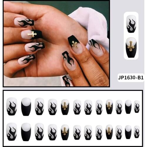 High Quality 24pcs Black Flame Printed Nail Patch Glue Type Removable Mid Length Paragraph Fashion Manicure False Nail Patch