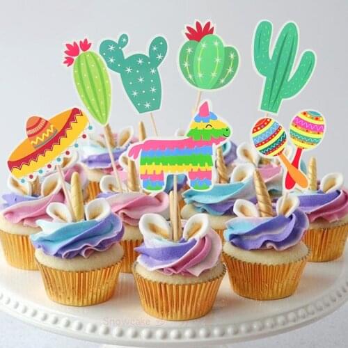 7pcs/lot Mexican Style Sombrero Desert Alpaca Cactus Cake Topper Hawaiian Party Decor Cupcake Topper Baking Dessert Decoration