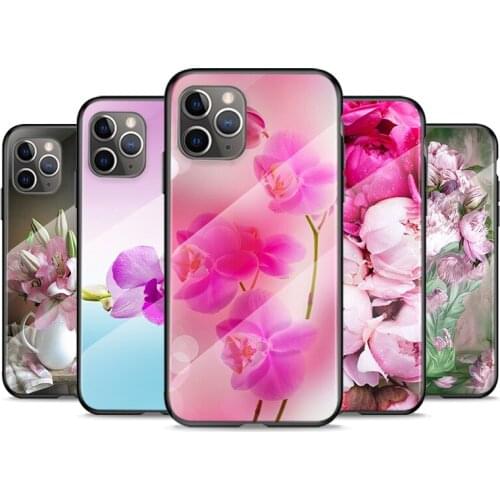 Tempered Glass Cover Pink Flower Peony For Apple iPhone 12 11 8 7 6 6S XS XR SE X 2020 Pro Max Mini Plus Phone Case