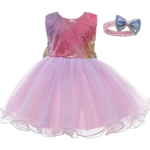 Summer Princess Kids Baby Dress For Girls Fancy Big Bow Wedding Dress Sleeveless Sequins Birthday Party Baptism Dress +Headband