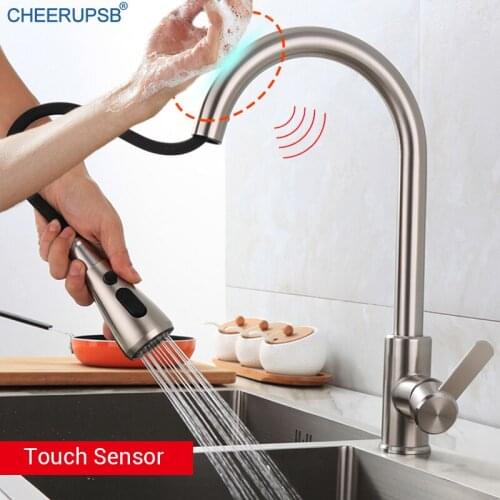 Brushed Nickel Kitchen Sink Touch Faucet Pull Out Hot Cold Water Taps Deck Mount Stainless Steel Sense Crane Inductive Sensor