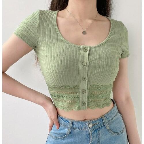 Cute Sweet Girls Crop Tops Women Ribbed Knit Korean Style Short Sleeve Button T-Shirts Summer Fashion Female Clothes Green
