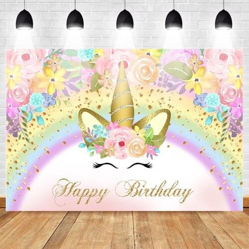 Mehofoto Unicorn Happy Birthday Backdrop Gold Glitter Rainbow Unicorn Floral Background Cake Table Banner Photo Booth Backdrops