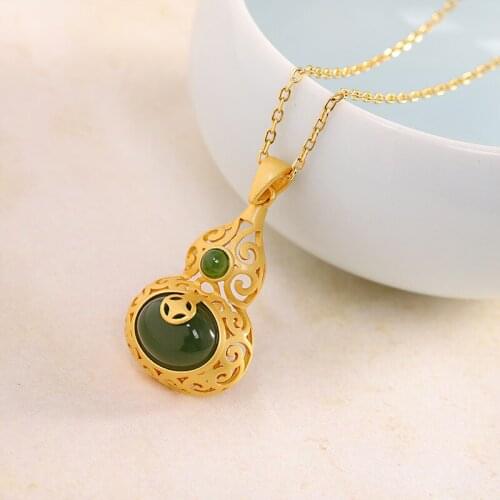 Fashion Exquisite Hollow Calabash Pendent Necklace Womens S925 Sterling Silver Gold-Plated Jasper