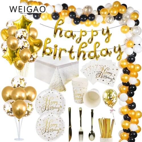WEIGAO Gold Series Disposable Tableware Gilding Happy Birthday Foil Balloons Paper Straws Birthday Party Decorations Kids Adult