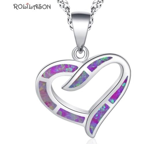ROLILASON pink heart-shaped silver color stamped opal necklace pendant fashion party gift female models OP861