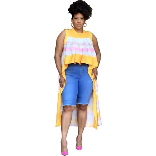 African Dresses For Women Short Before And Long Colorful Striped Sleeveless Loose T-Shirt Top Street Holiday Outfits Summer 2021