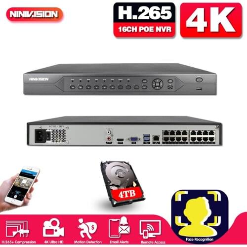 H.265 16CH 4K 8MP 5MP PoE NVR ONVIF P2P XMEye Security Network Video Recorder POE H.265 16CH PoE Ports Two SATA Port 4K Output