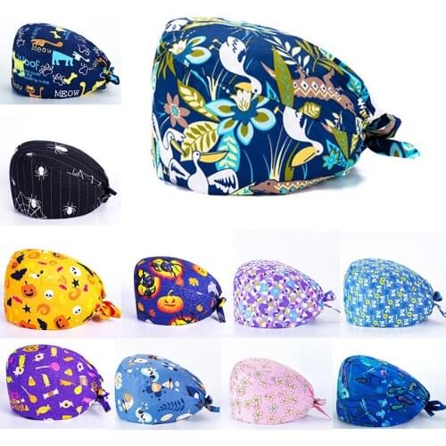 Cartoon Printing Medical Caps Women and Men Nursing Hats Adjustable Beautician Scrub Hat Pet Shop Lab Scrubs Cap