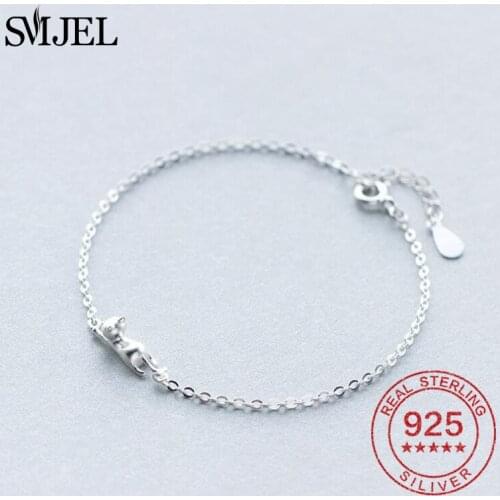 SMJEL 100% 925 Sterling Silver Cute Hanging Cat Bracelets Bangles Women Girl Jewelry Ladies Best Friend Cat Bangles