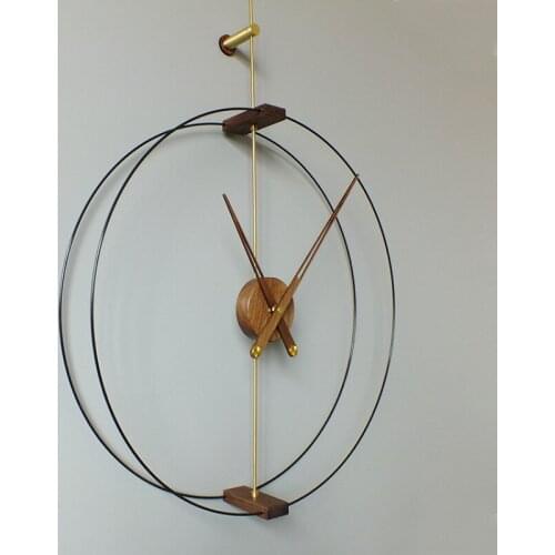 Nordic modern minimalist creativity Spain design wall clock hotel living room black walnut large pointer copper wall decoration