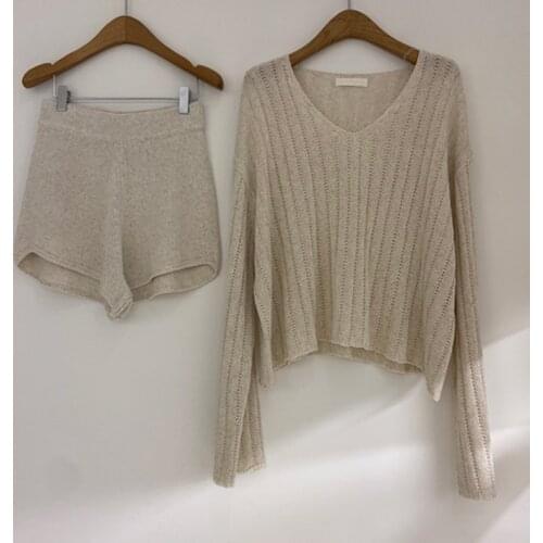 Thin Knit 2 Piece Sets Pullovers Sweaters Long Sleeve V Neck Knitted Shirts Tops Wild Elastic Wide Leg Shorts Fashion Casual