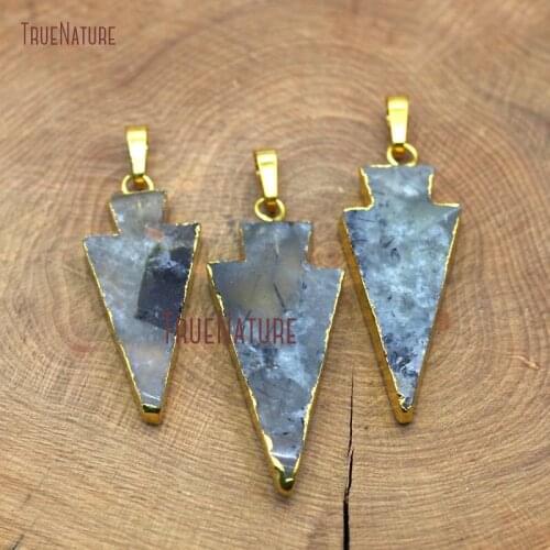 High Quality New Prehnites Stone Pendant Gold Electroplated Prehnites Arrowhead Pendant For Jewelry Making In 21*55 mm PM8016