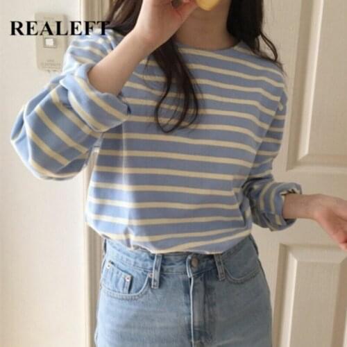 REALEFT Spring Autumn Cotton Classic Striped Womens T-Shirts 2021 New Long Sleeve O-Neck Casual Shirts Female Knitting Tops