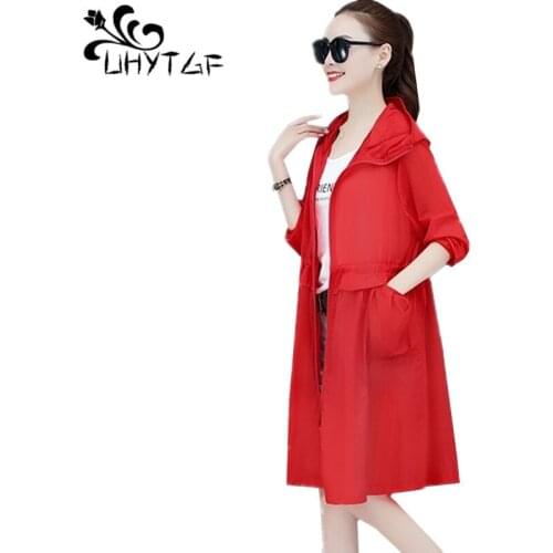 UHYTGF Long Sleeve Women Thin Sun Protection Clothing Hooded Breathable Outdoor Summer Jacket Female Anti-UV Plus Size Coat 2093