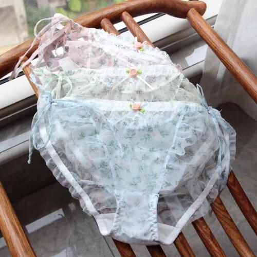 Female Hollow Out Transparent Panties Summer Quick-drying Ultra-thin Mesh Briefs Sexy Print Strap Underwear Large Size Lingeri