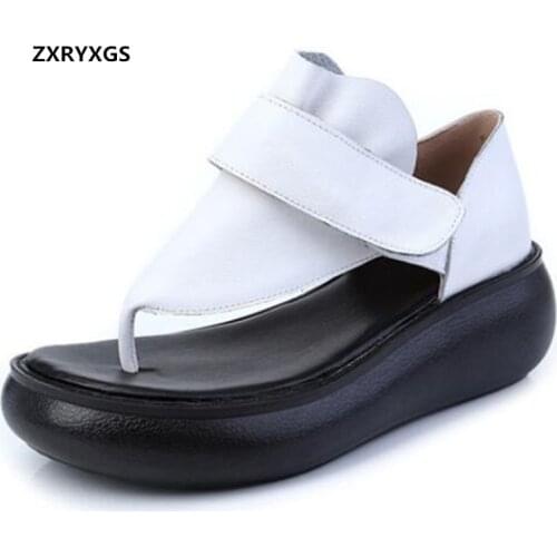 2021 New Genuine Leather Flip-flop Sandals Summer Womens Sandals Platform Wedges Heighten Sandals Roman Shoes Trend Size 32-43