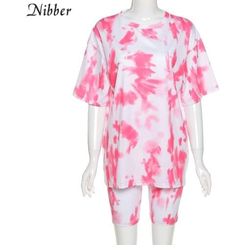Nibber neon tie-dye graphic top Tees shorts women 2two piece sets summer loose Long T-shirt short casual street wear suit female