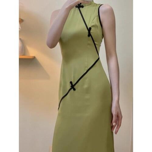 Chinese Traditional Costumes Women Qipao Sleeveless Dress Cheongsam Satin Summer Green Skirts Bodycon Slim Elegant Wedding Dress