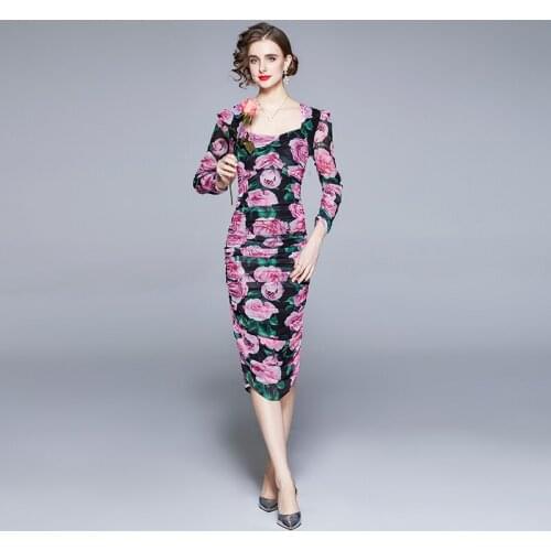 Women Floral Print Ruched Pleated Dress 2021 Spring Summer Sexy Eleastic Mesh Pencil Dress Festa Party Robe Vestidos K6820