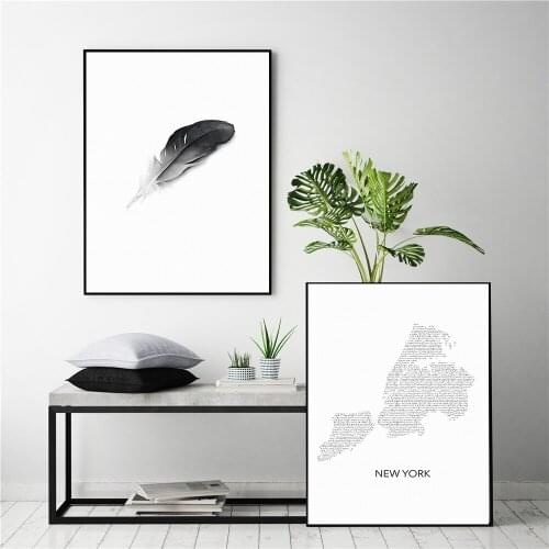 New York City Map Canvas Painting Black White Wall Art Feather Prints Wall Pictures for Living Room Home Decor Nordic Poster