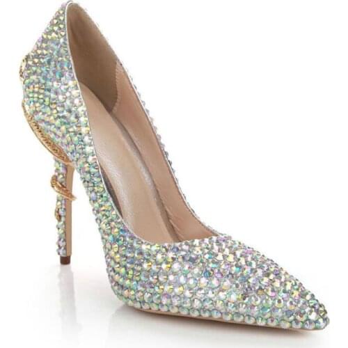 Basic Pumps Rhinestone Snake Heel Bride Wedding Party Shoes Genuine Leather High Heel Sexy Crystal Pumps 35-41