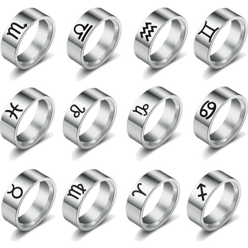 12 Constellation Zodiac Finger Rings Stainless Steel Aries Taurus Gemini Libra Scorpio Sagittarius Fashion Jewelry
