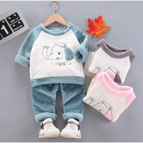Baby Boys Girls Clothing Set Winter Flannel Cartoon Elephant Long Sleeve Sweater + Pants 2Pcs Suit For Kids Children Clothes