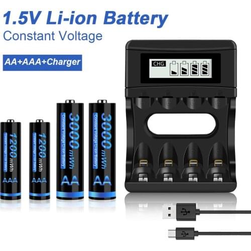 1.5V AA Li-ion Rechargeable Battery 3000mWh + 1.5v AAA lithium battery rechargeable 1200mWh with 1.5V AA AAA Battery Charger