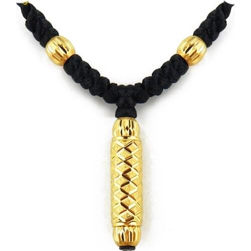 New Arrival Pure 24K Yellow Gold Necklace Handmade Weave Black String Bamboo Beads Necklace