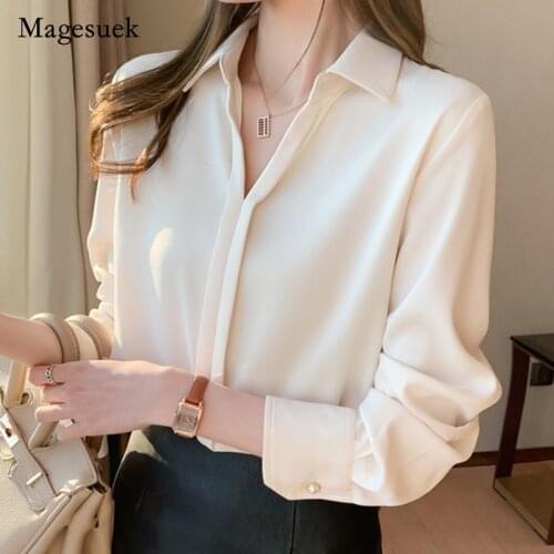 Office Ladies Satin Pullover Blouse Women Vintage Tops 2021 New Spring V-neck Chiffon Shirt Korean Long Sleeve White Shirt 12860