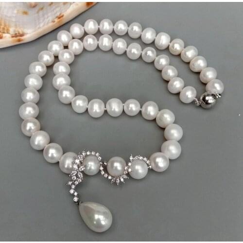 YYGEM Weddding Cultured 10-11m White Potato Freshwater Pearl Necklace Cz Pave Shell Pearl Pendant 20"