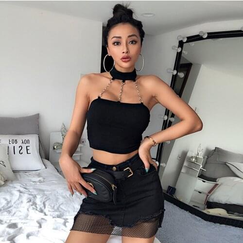 Punk Style Choker Halter Top Black Women Sexy Fashion Slim Cami Backless Buckle Top 90s E-girl Summer Tank Tops