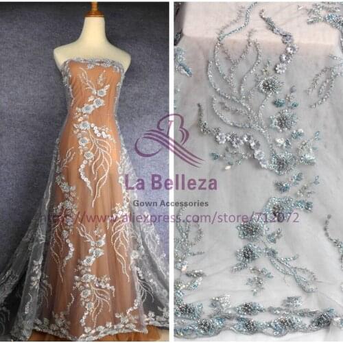 La Belleza 1 Yard silver gray handmade 3D flowers heavy beaded wedding dress/evening/show dress lace fabric 47'' widht SN171201