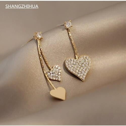 SHANGZHIHUA Sweet Zircon Gold Peach Heart Tassel Long Drop Earrings For Woman Korean Fashion Jewelry Wedding Party Girl Earrings