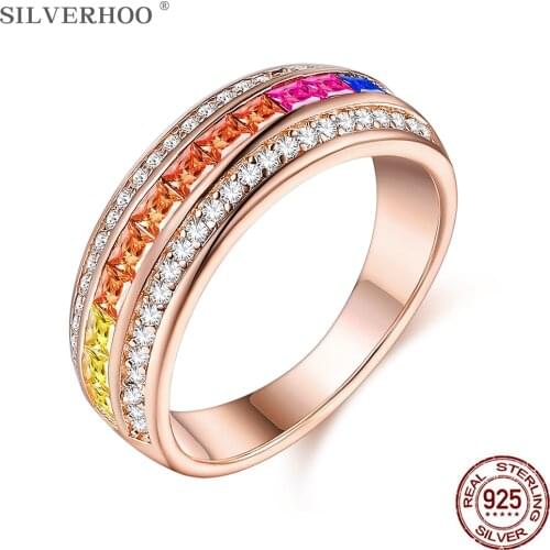 SILVERHOO Rings For Women S925 Sterling Silver 2 Circles Small White And 1 Circle Colored Zircons Wide Rings Elegant Jewelry