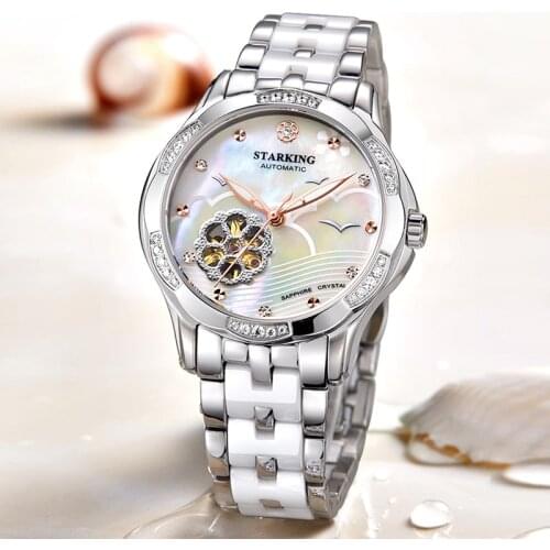 STARKING White Ceramic Women Watches Bracelet Sapphire Crystal Shell Dial Ladies Hollow Self-wind Mechanical Watch Elegance Relo