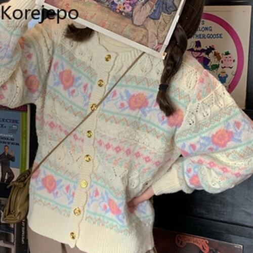 Korejepo Women Sweater 2021 Spring Autumn Girl Korean Vintage Temperament Single-Breasted Sweet Flower Jacquard Knitted Cardigan