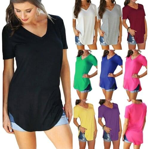 Cofekate Woman Tshirts Casual Side Split V Neck Short Sleeve Solid T-shirt Women Shirts Plus Size 5XL Women T Shirt