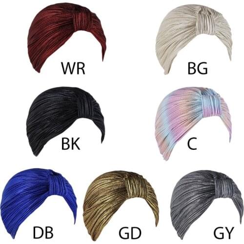 Womens Wrinkled Knotted Turban Hat Rave Hologram Shimmer Solid Color India Muslim Chemo Cap Stretch Hair Loss Beanie