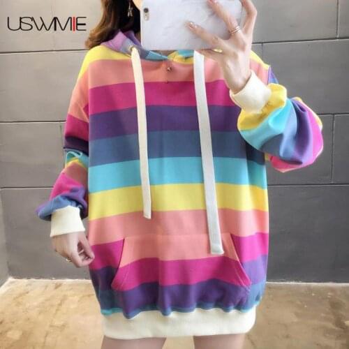 Hoodies Women Rainbow Stripe Color Matching Hooded Pocket Casual Thickened Striped Streetwear Casual Plus Size Pullovers