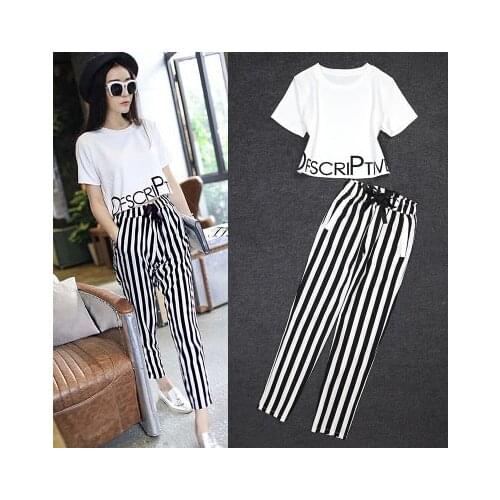 New 2019 Summer Short Tops and Striped Ankle Length Pants Set 2 Piece Sets Womens Outfits