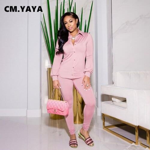 CM.YAYA Women Set Solid Full Sleeve Single Breasted Shirts Tops Skinny Pencil Pants Two 2 Piece Sets Office Lady Outfit Autumn
